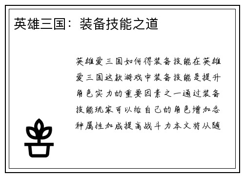 英雄三国:装备技能之道