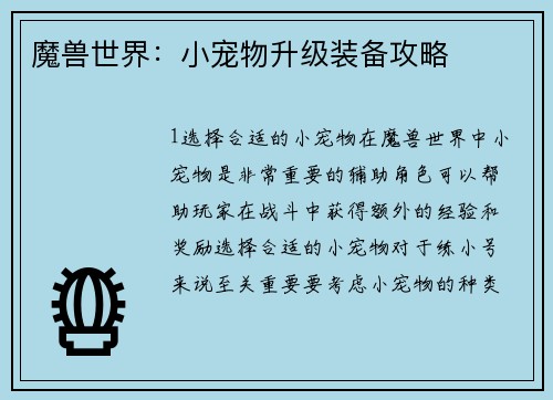 魔兽世界：小宠物升级装备攻略